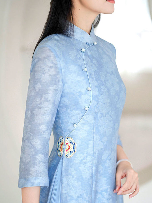 Fashion Vintage Light Blue Jacquard Long Cheongsams