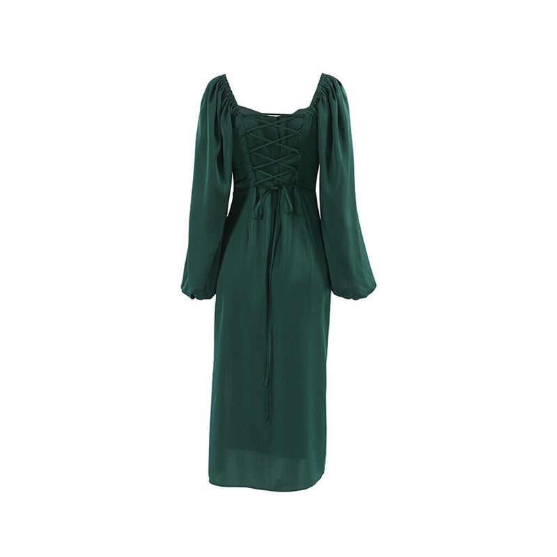 Solid Color Long Sleeve Square Neck High Waisted Side Slit Back Bandage Dress

Enhanced Version: "Square Neck Long