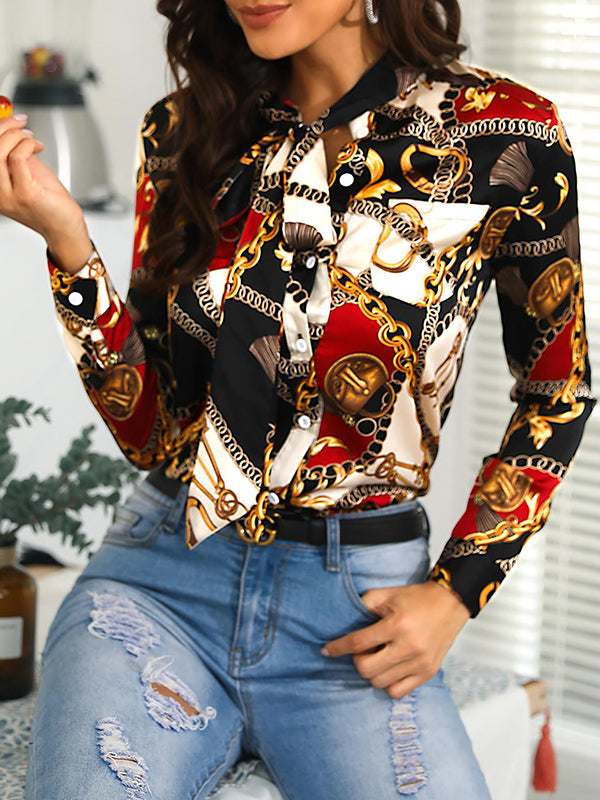 Long Sleeves Loose Buttoned Printed Tied Mock Neck Blouses&Shirts Tops
