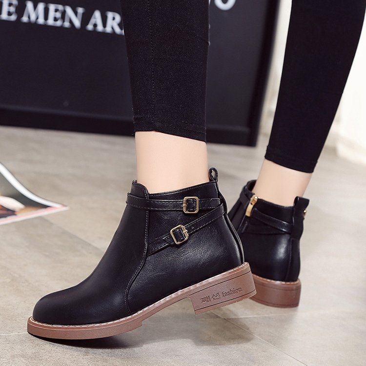 Women's Low Heel Buckle Ankle Boots – PU Leather Side Zipper Round Toe Winter Boots