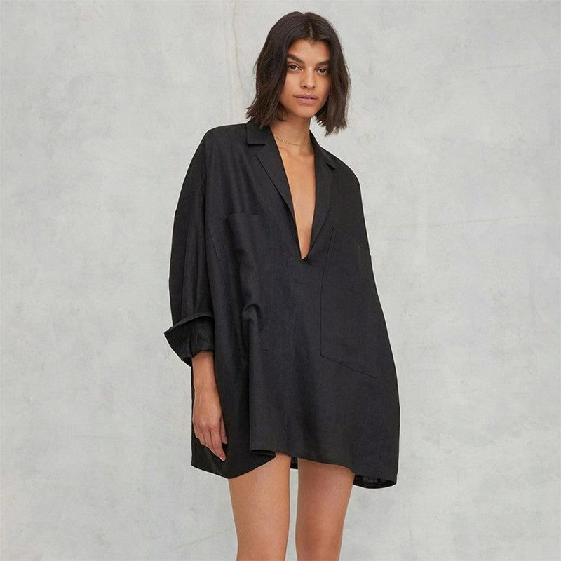 Deep V-Neck Loose Fit Mini Pajama Dress - Solid Color Loungewear