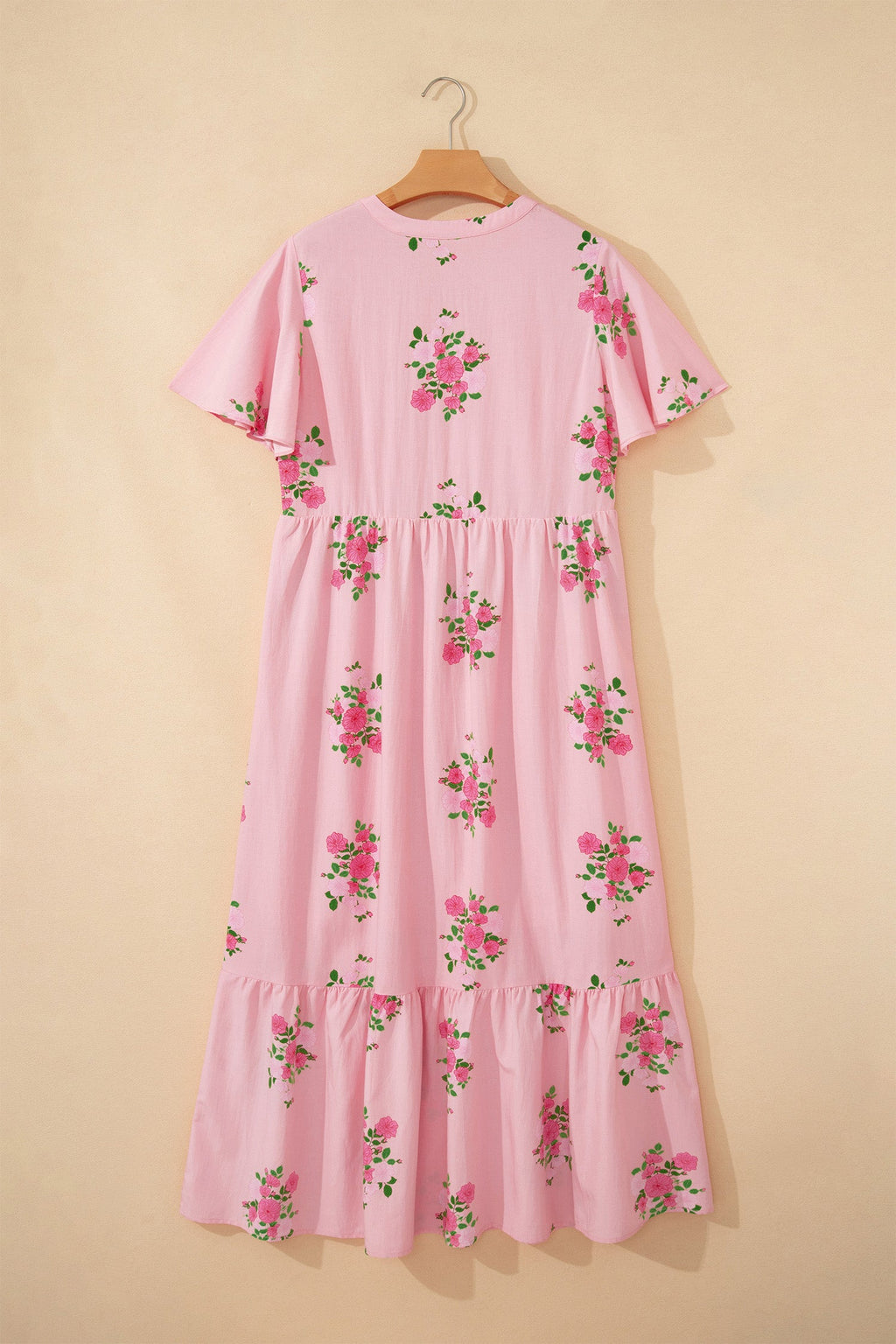 Pink Notched Neck Flutter Short Sleeve Floral Print Maxi Dress