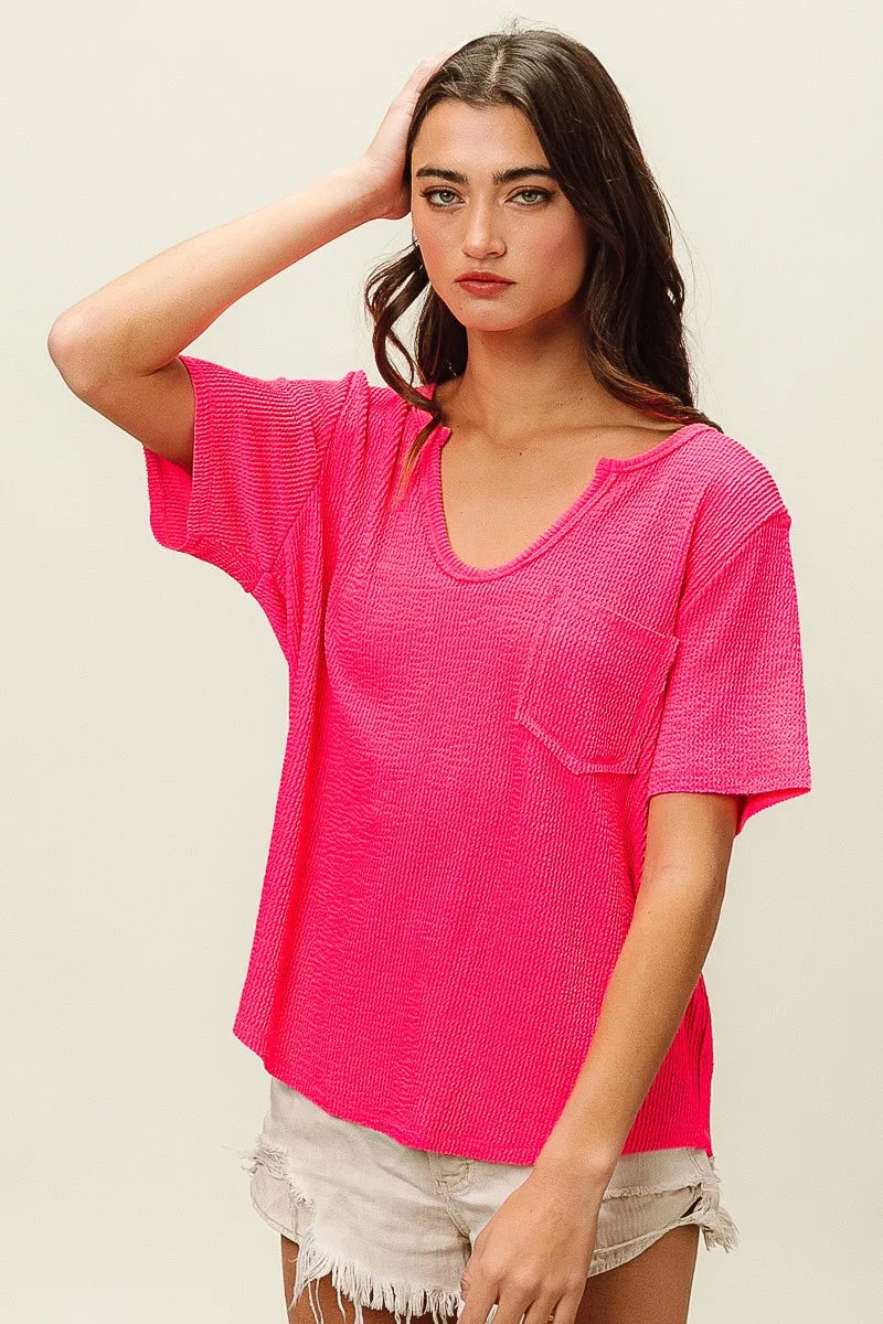 Waved Rib U Neck Top With Front Pocket