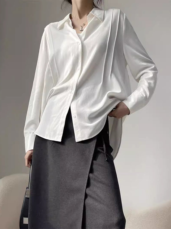 Long Sleeves Loose Pleated Split-Joint Lapel Blouses&Shirts Tops