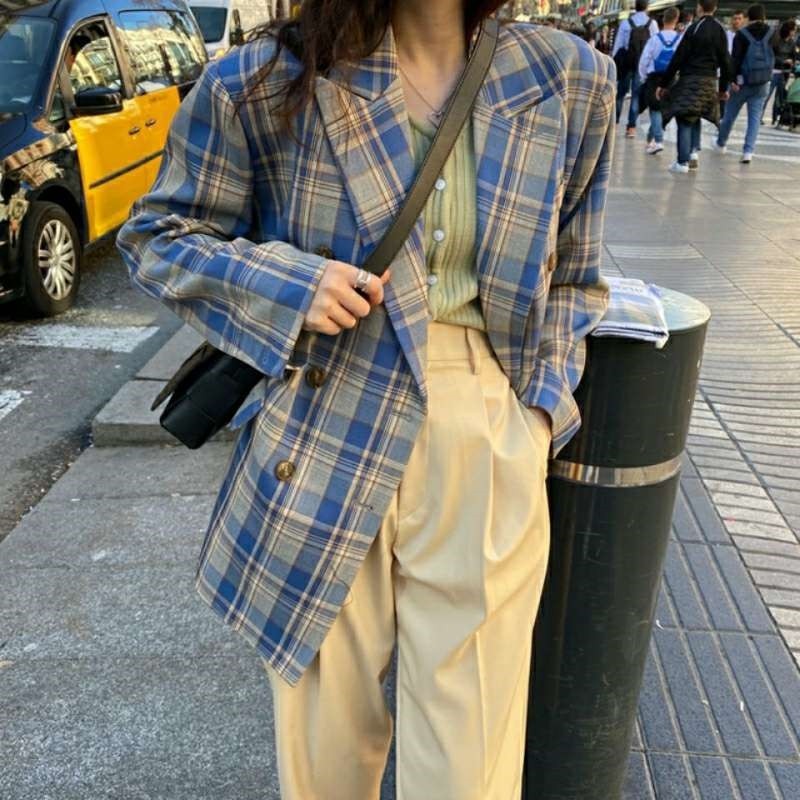 Casual Color Block Plaid Loose Fit Blazer
