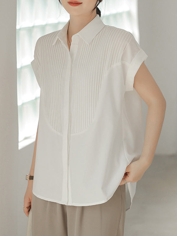 Loose Short Sleeves Buttoned Pleated Solid Color Split-Joint Lapel Blouses&Shirts Tops