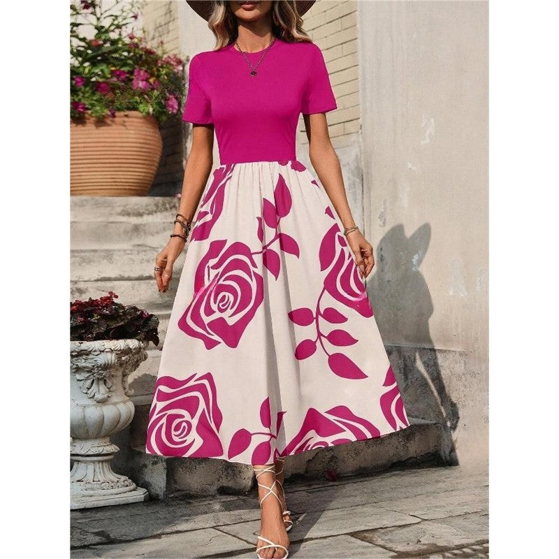 Crewneck Short Sleeve High Waisted Patchwork A-Line Maxi Dress