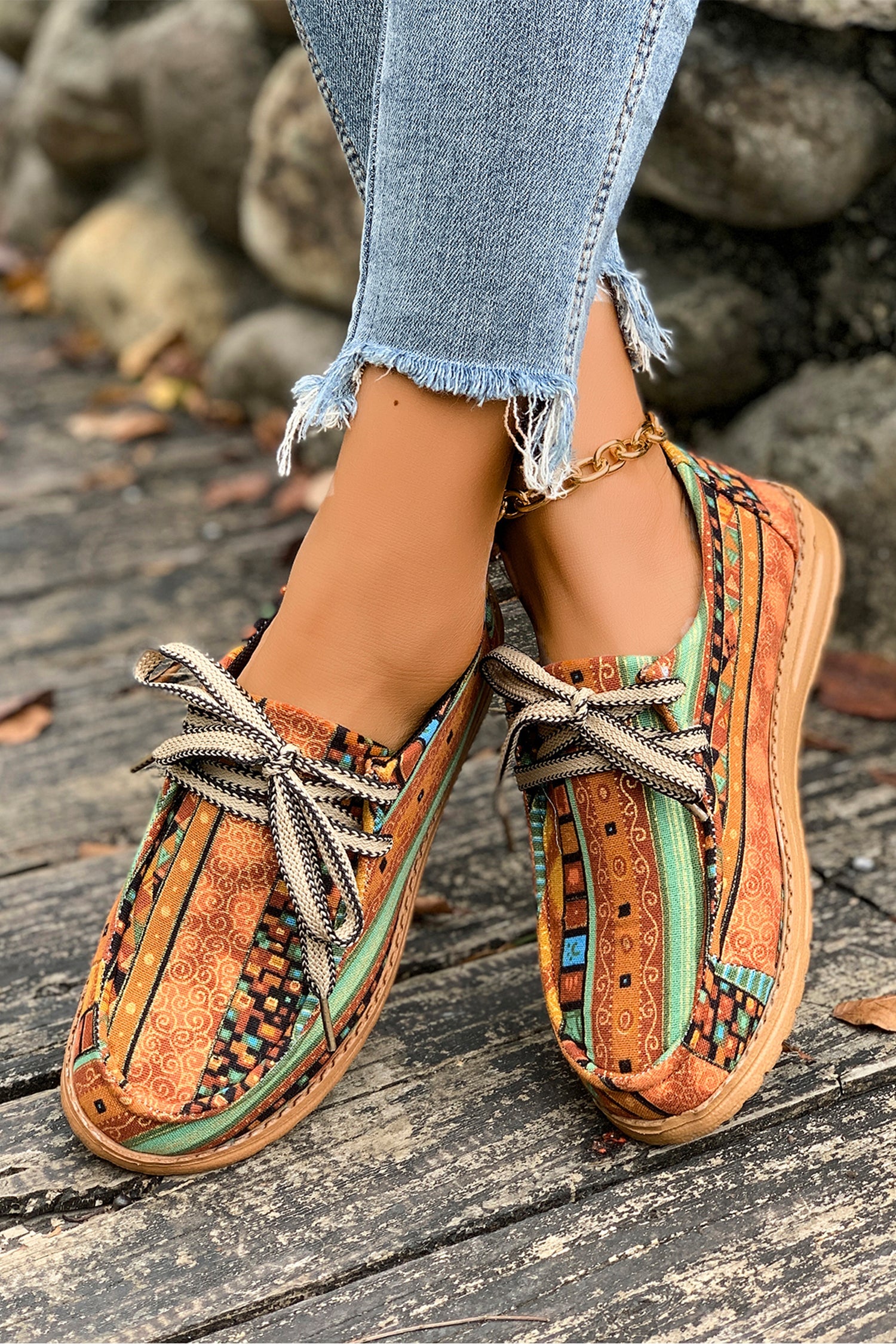 Mustard Ethnic Artistic Print Lace-up Detail Comfort Loafer Shoes