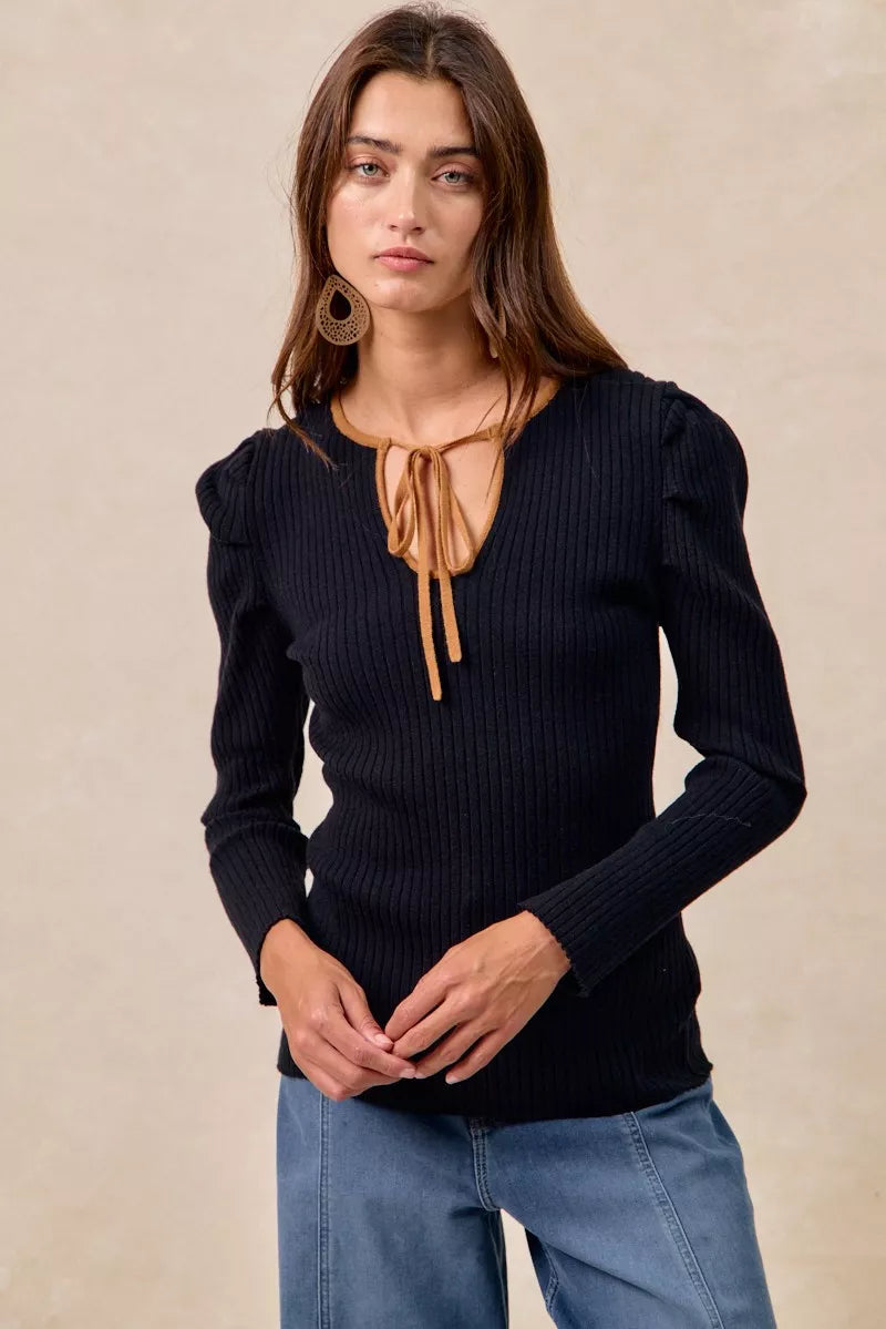 Ribbed Contrast Front Tied Top with Shrried