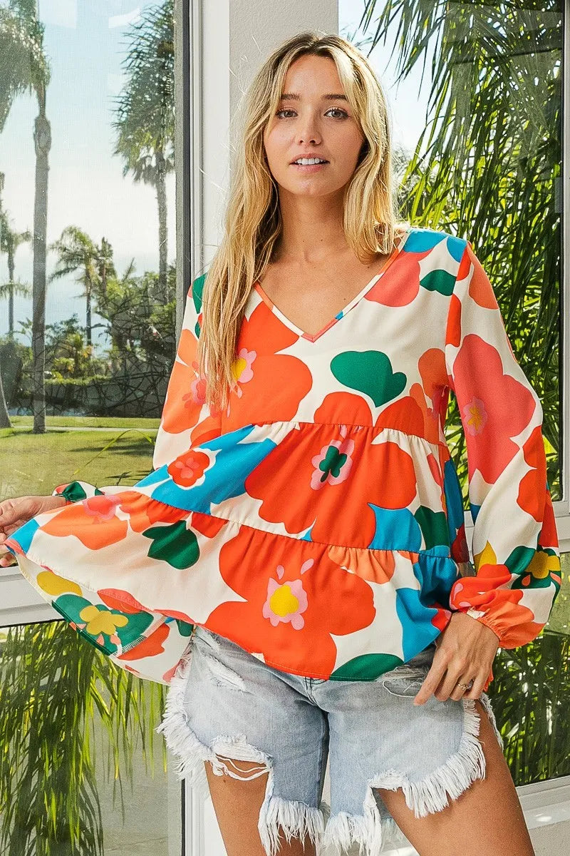Floral Woven Tiered V Neck Top