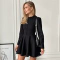 Solid Color Crewneck Long Sleeve A-Line Ruffled Hem Mini Dress