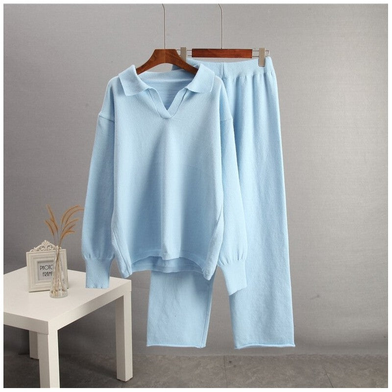 Solid Knit Sweater and Wide Leg Pants Set