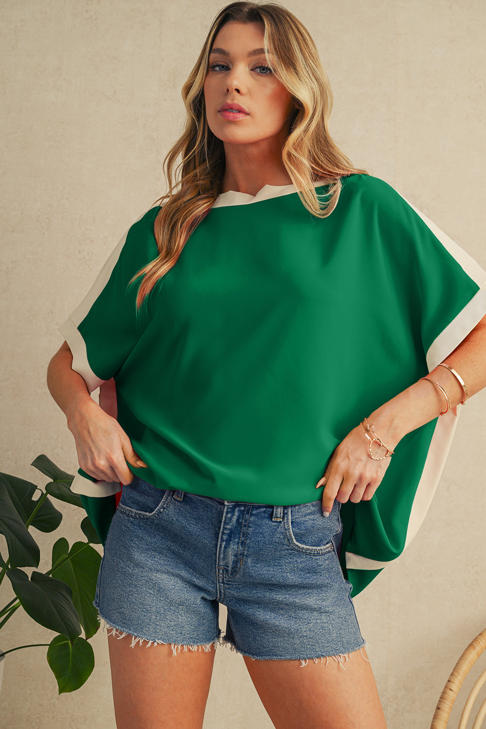 Rose Color Block Boat Neck Tunic Blouse