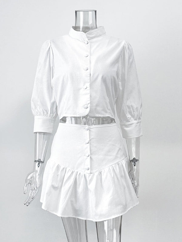 Half Sleeves Loose Buttoned Pleated Solid Color Split-Joint Stand Collar Blouses Top +  Skirts Bottom Two Pieces Set
