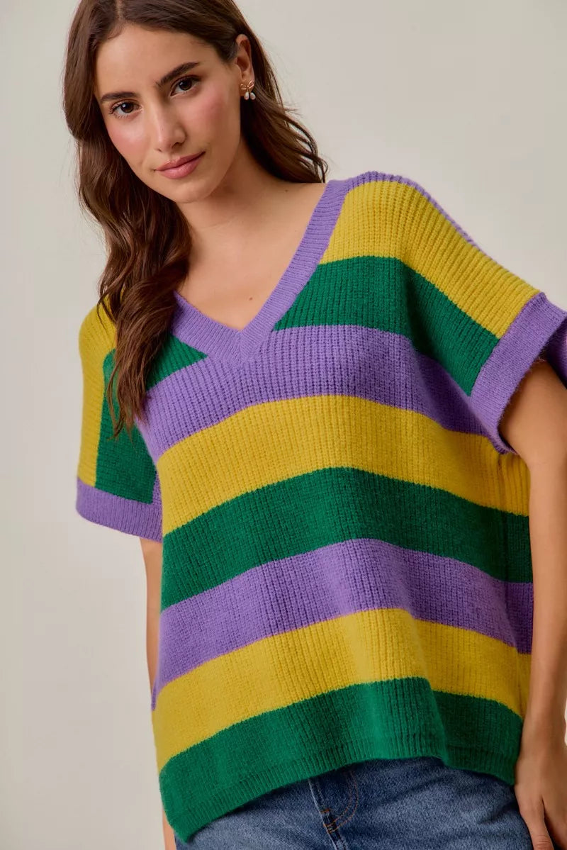 Mardi Gras Loose Fit V Neck Stripe Sweater Top