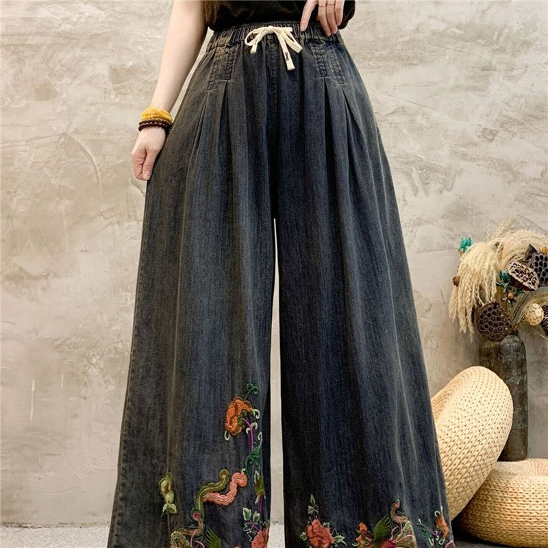 Wide Leg High Waist Embroidered Tie-Waist Pants