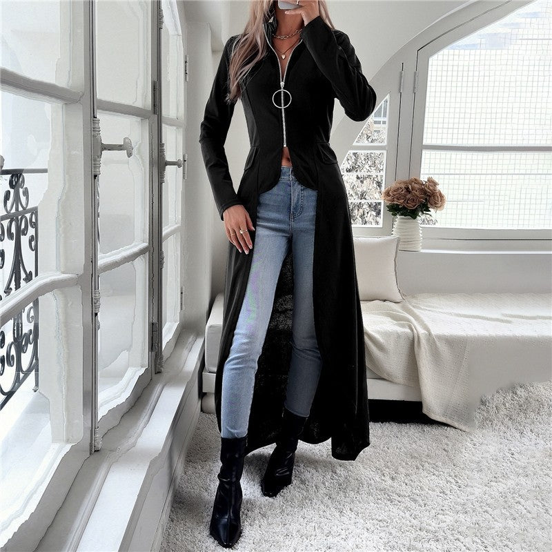 Solid Color Long Sleeve Half Turtleneck Zipper Irregular Outerwear