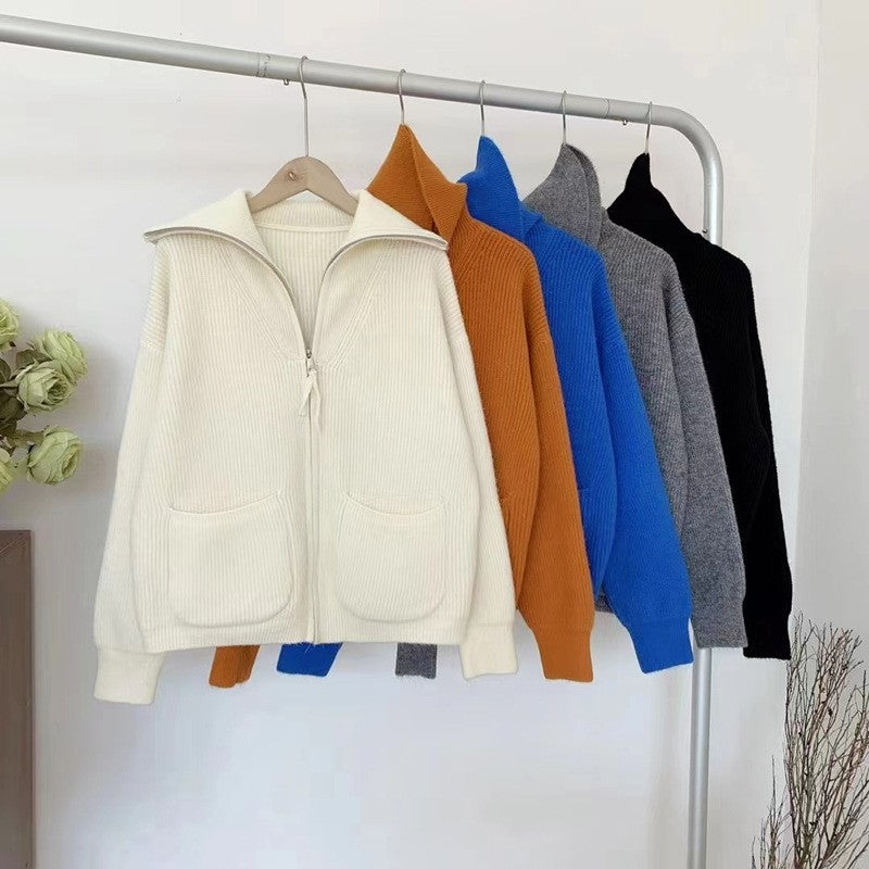 Solid Color Long Sleeve Hooded Pockets Zipper Cardigan Sweater