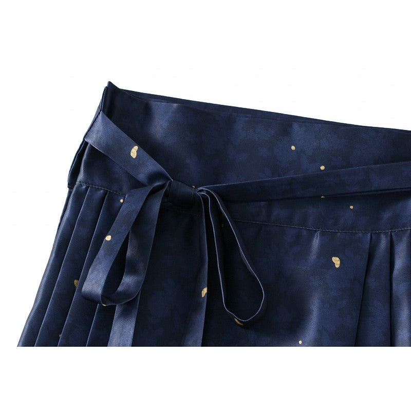 Phoenix Print Pleated Skirt with Chinese Style Waist Tie