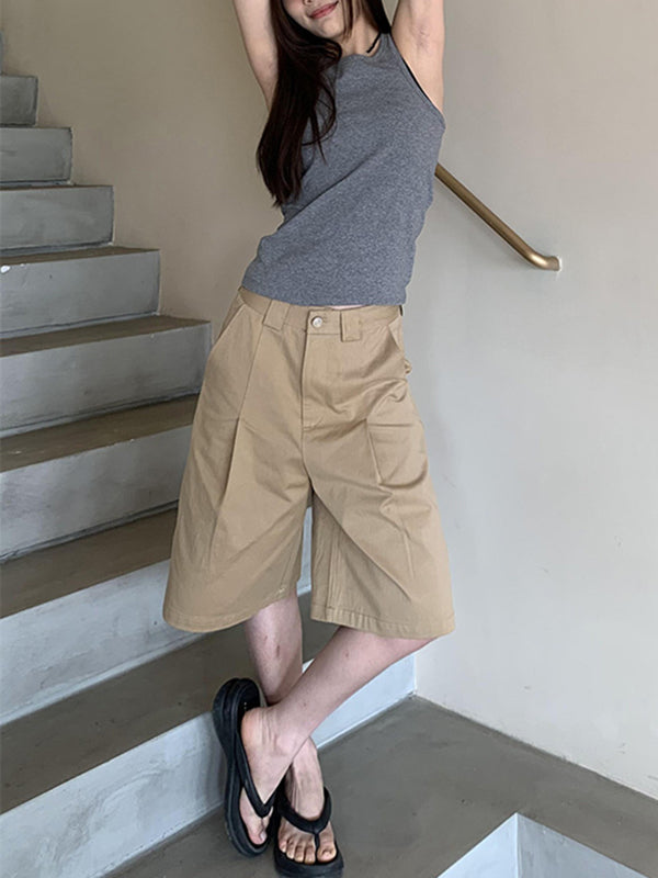High Waisted Loose Pleated Solid Color Half Pants Shorts Bottoms