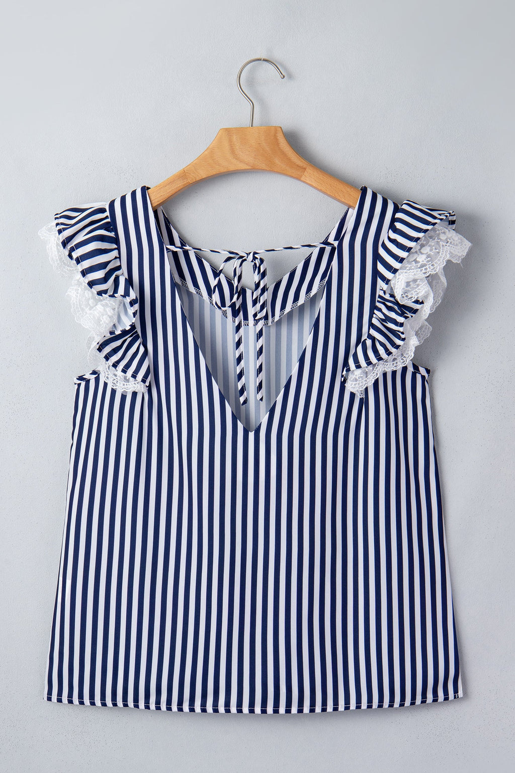 Blue Stripe V Neck Lace Contrast Ruffle Trim Tank Top