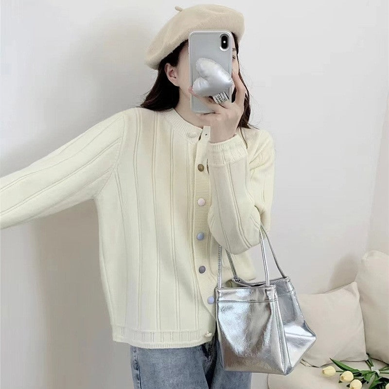 Solid Color Long Sleeve Crewneck Buttoned Cardigan Sweater
