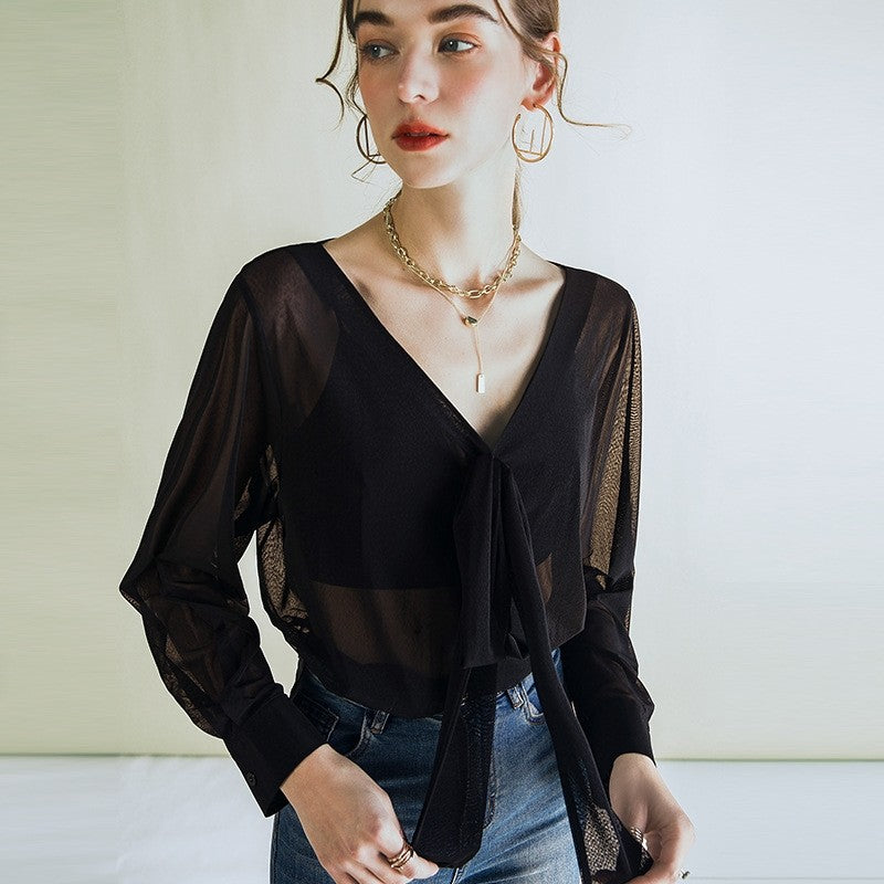 Solid Color V-Neck Bandage Long Sleeve Sheer T-Shirt