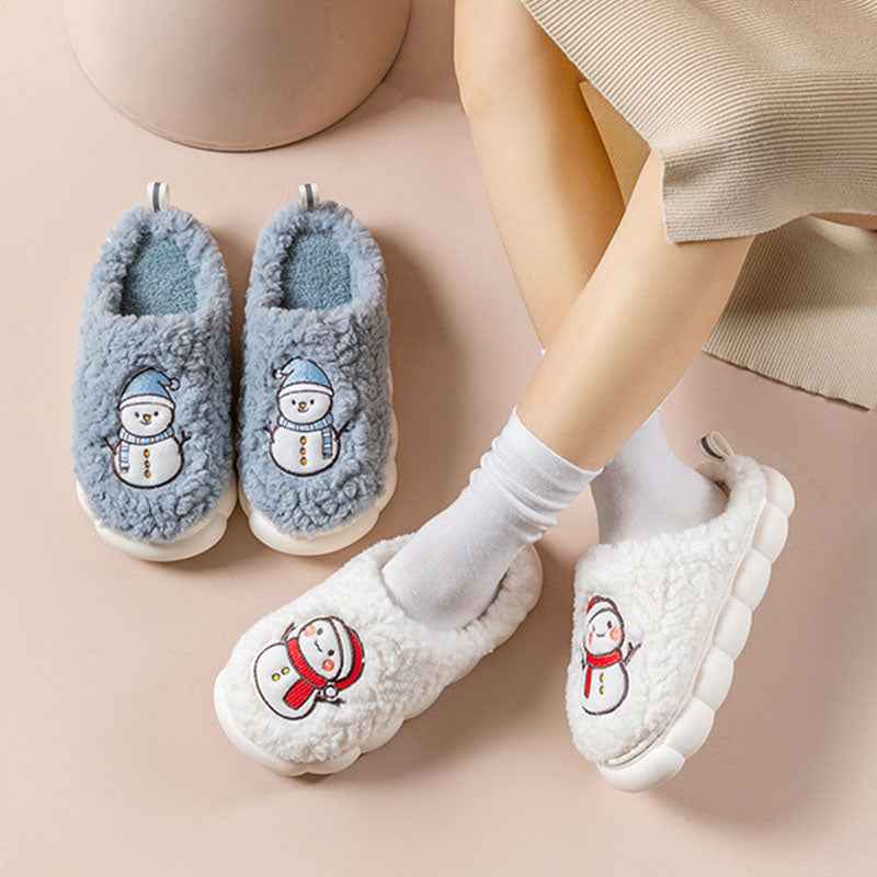 Women's Snowman Slippers - Warm Plush Winter Indoor House Shoes with Anti-Slip Sole
