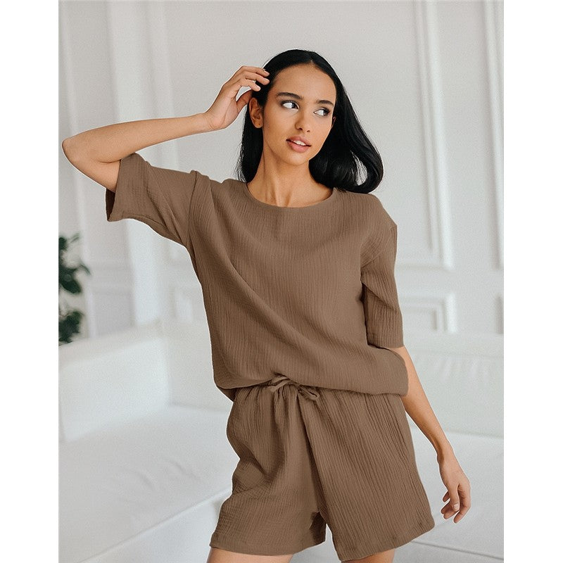 Solid Color Crewneck Short Sleeve T-Shirt and Shorts Set - Loose Fit, Lightweight Loungewear