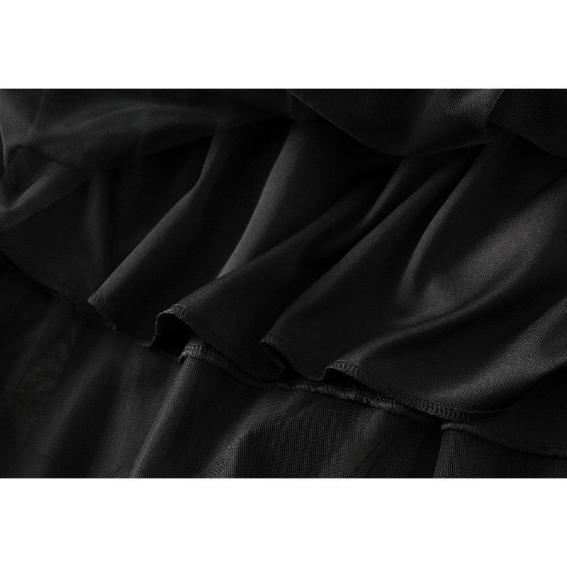 Elastic Waist Mesh Skirt with Irregular Ruffled Hem - Solid Color