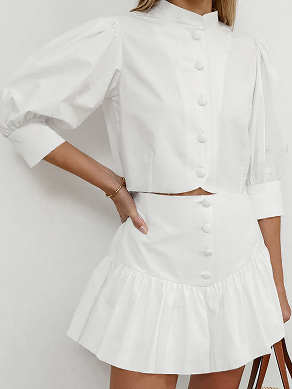 Half Sleeves Loose Buttoned Pleated Solid Color Split-Joint Stand Collar Blouses Top +  Skirts Bottom Two Pieces Set