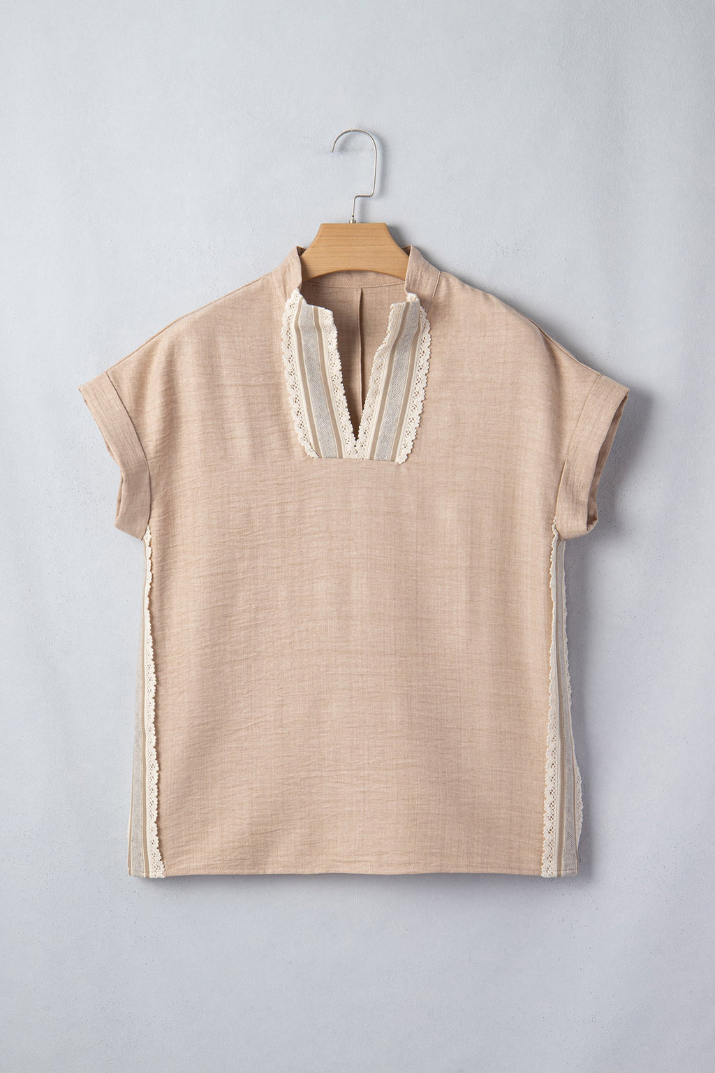 Parchment Crochet Lace Accent Pullover Rolled Short Sleeve Blouse