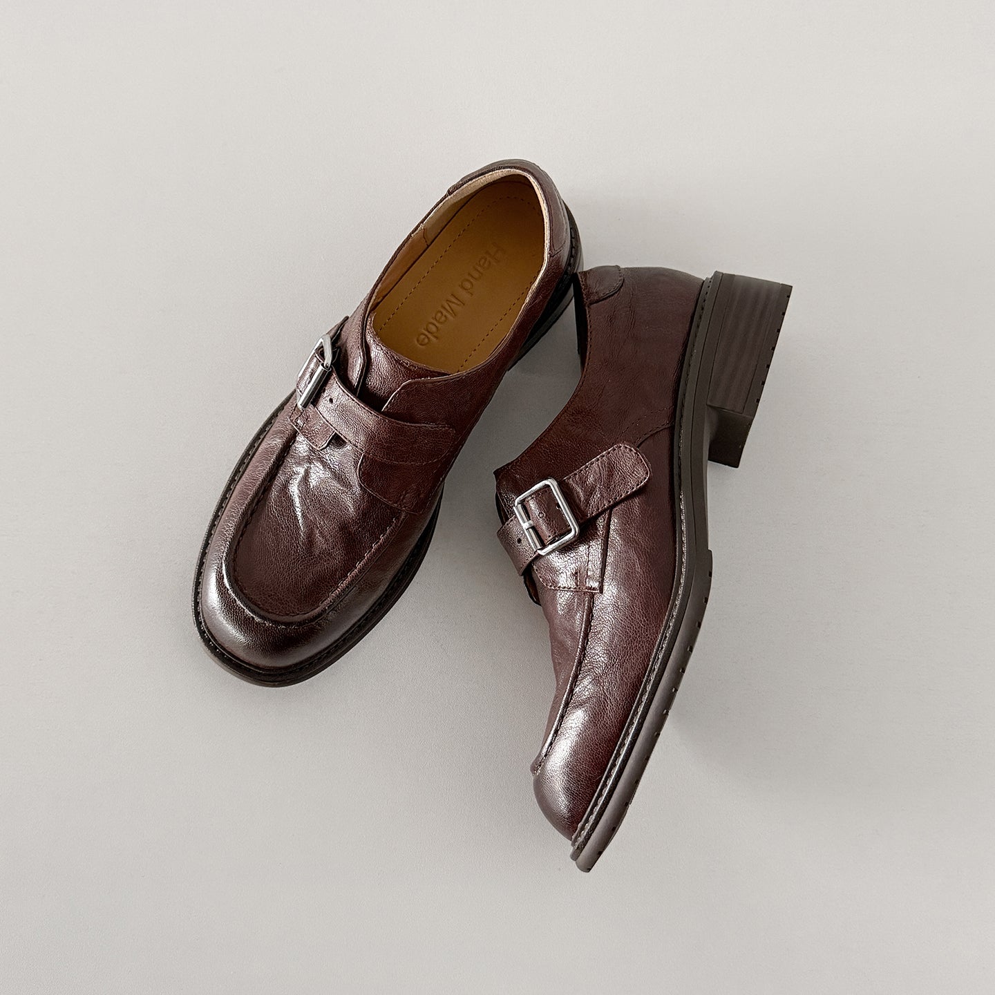 Women's Washed Leather Monk Strap Loafers | Handmade Buckle Low Block Heel Shoes