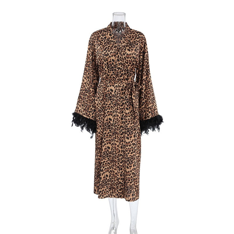 Leopard Print Feather Patchwork V-Neck Long Robe