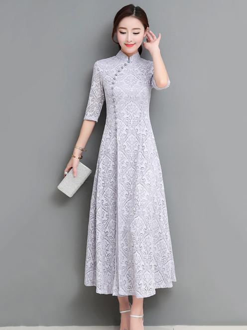 Gray&Coffee Lace A-line Long Cheongsam Ao Dai