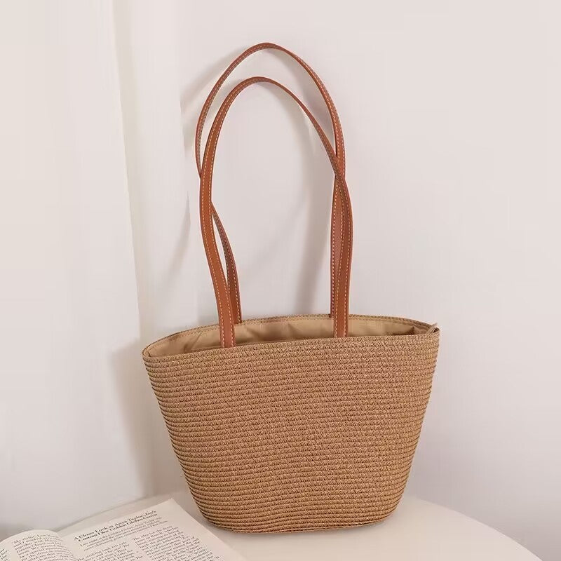 Grass Striped Woven Tote with Ample Storage