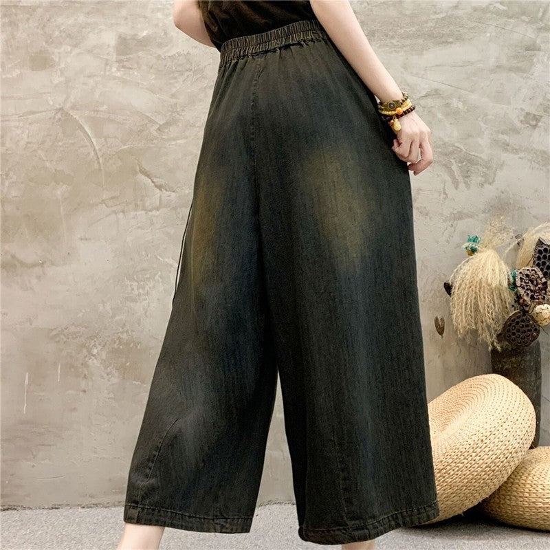 High-Waisted Wide Leg Pants With Embroidery And Tassels
