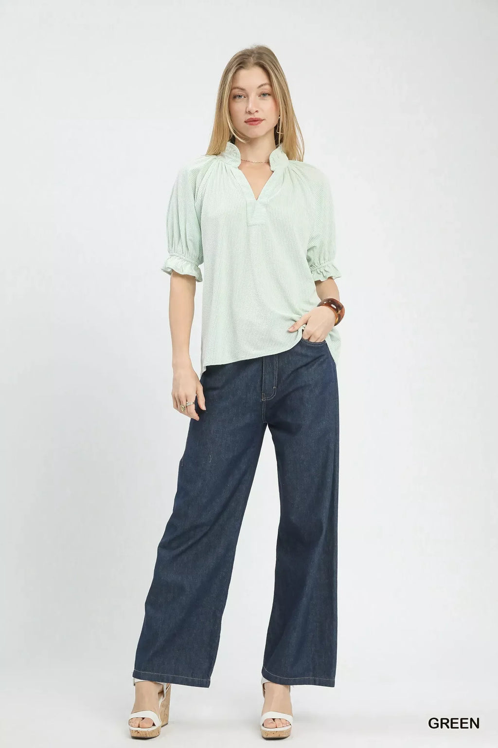 Textured Ruffle Sleeve V-Neck Top