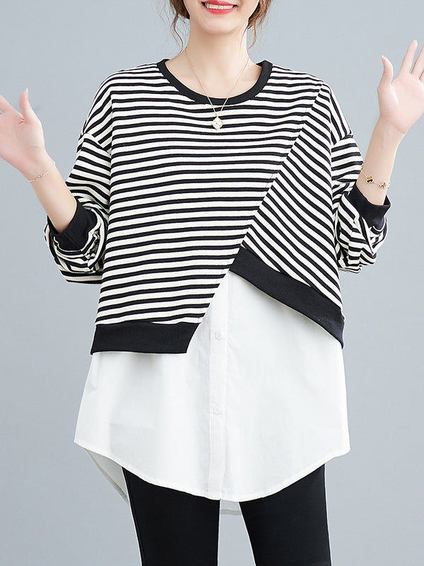 Original Long Sleeves False Two Striped Round-Neck Hoodies&Sweatshirt Tops