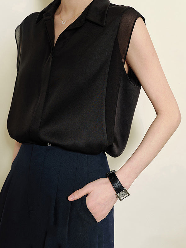 Loose Sleeveless Buttoned Solid Color Split-Joint Lapel Blouses&Shirts Tops