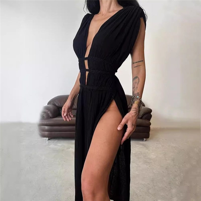 Sleeveless Hollow Out Braided Belt Maxi Dress with Slit