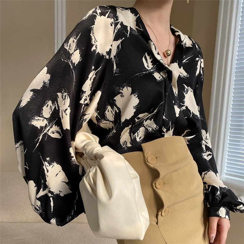 Vibrant Ink Lantern Sleeve Satin V-Neck Shirt