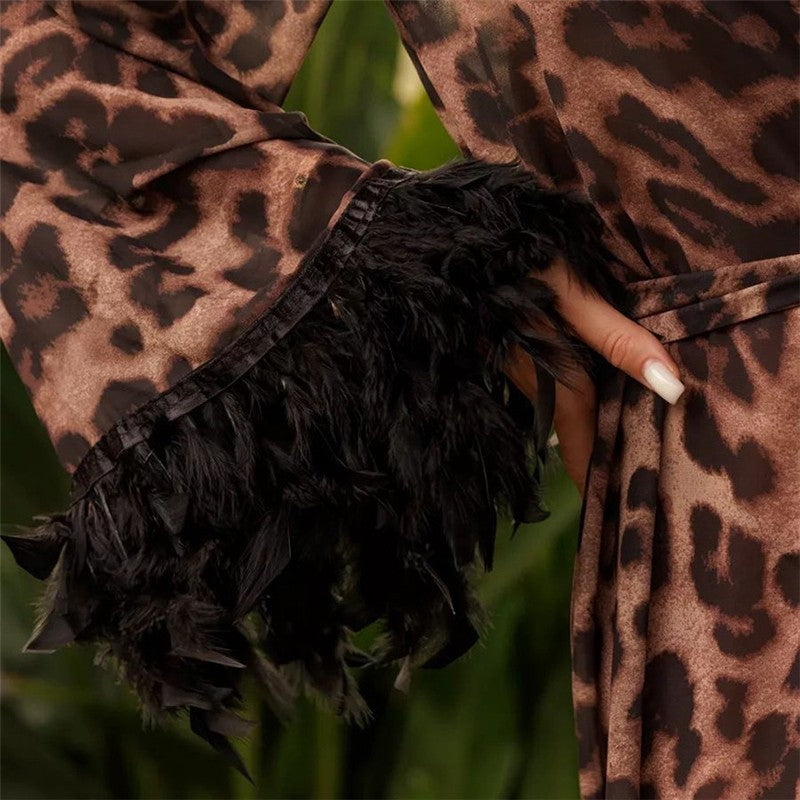 Leopard Print Feather Patchwork V-Neck Long Robe