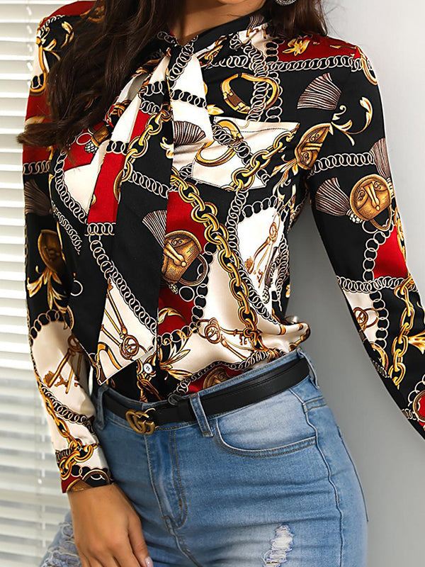 Long Sleeves Loose Buttoned Printed Tied Mock Neck Blouses&Shirts Tops