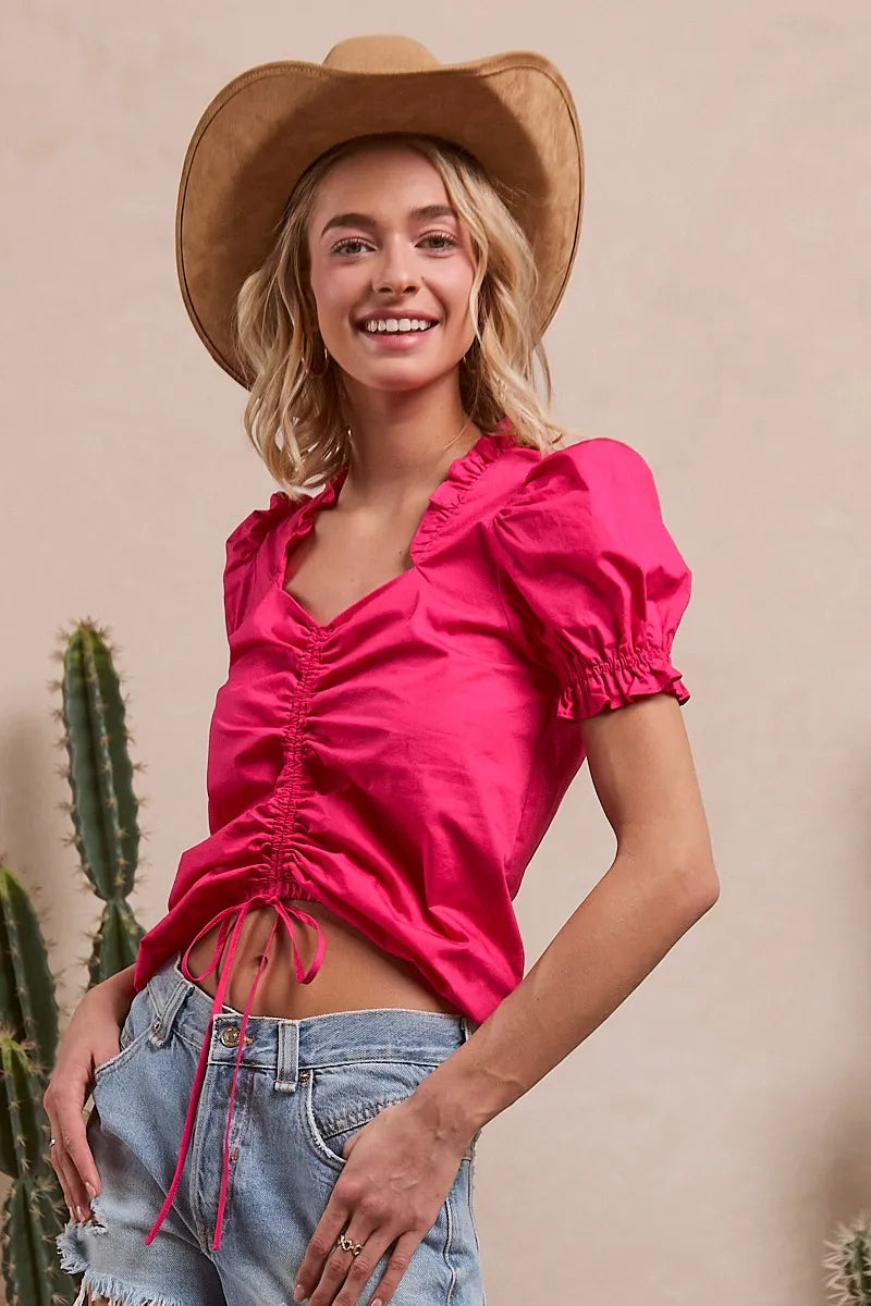 Ruffled Square Neck With Front Ruched Puff Sleeve