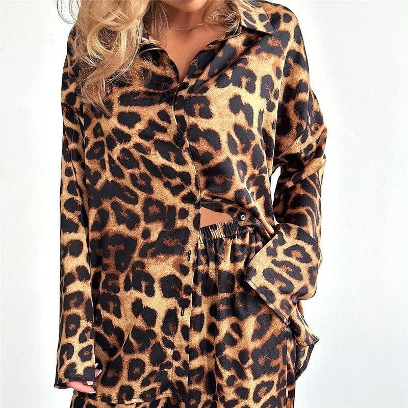 Leopard Print Long Sleeve Top and Trousers Ensemble