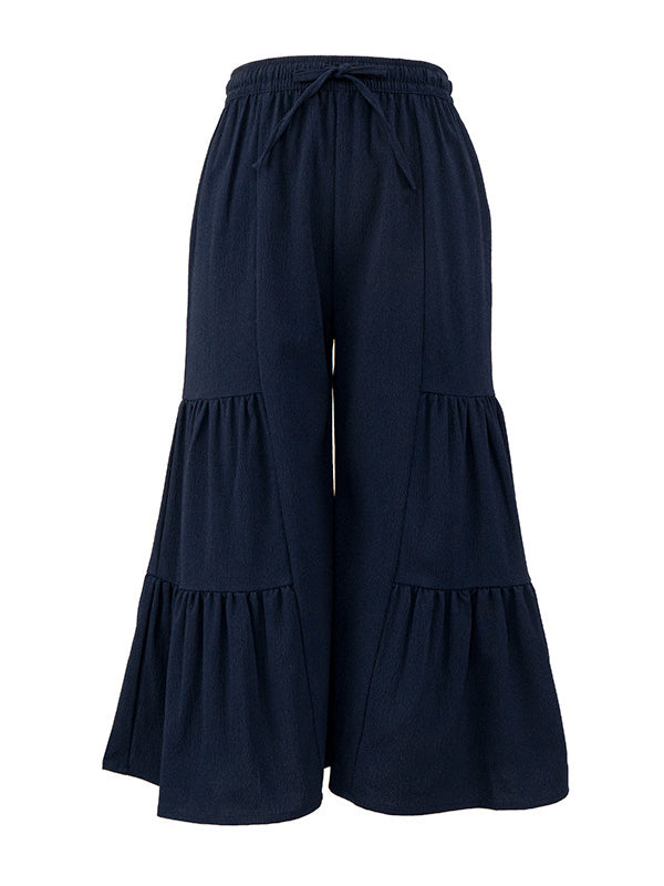 High Waisted Loose Drawstring Elasticity Pleated Solid Color Split-Joint Pants Trousers