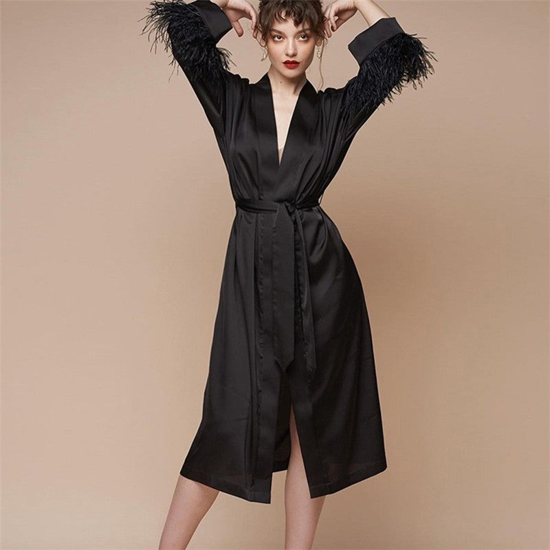 Feathered Silk Nightgown for Women - Long and Loose-Fitting