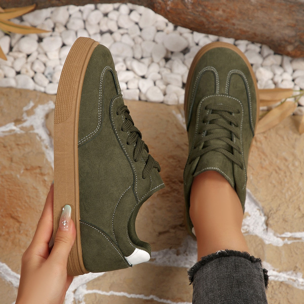 Women's Suede Casual Sneakers - Comfortable Lace-Up Sports Shoes