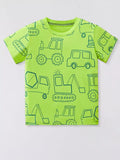 Children's Cartoon Vehicle Print Crew Neck Short Sleeve T-Shirt